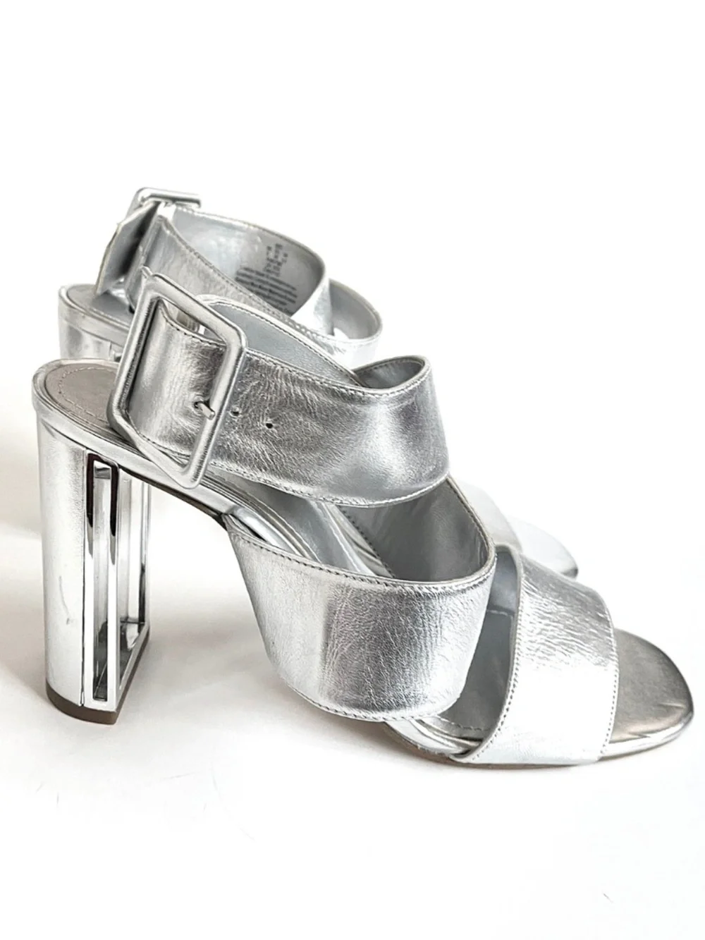 DKNY Women's Silver Metallic Leather Strappy Block Heeled Sandals Size: 9M